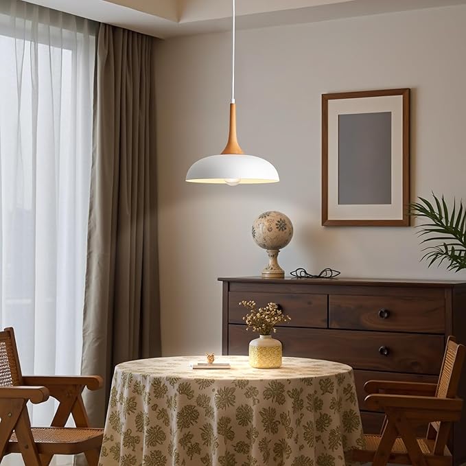White Pendant Lights Kitchen Island,Modern Pendant Light Fixtures,Farmhouse Adjustable Hanging Pendant Lighting for Foyer Entryway Hallway Bedroom Dining Room Living Room,Faux-Wood,Small 12.6 inch