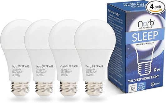Norb NorbSLEEP Low-Blue Sleep Light Bulb – Melatonin-Boosting Nighttime LED for Restful Sleep – for Babies, Kids, & Adults – 9W A19 Dimmable, Natural Evening Spectrum, White Not Amber (4-Pack)