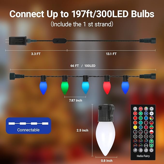 C9 Christmas Lights Outdoor, 82FT 100 LED RGB Color Smooth Changing Bulbs,App Bluetooth Music Sync, DIY Scenes & Timers, IP44 Waterproof Roofline Eaves Porch Fence Decorations