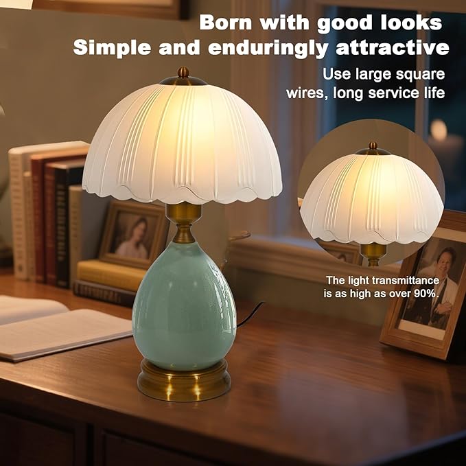 Table Lamps Ceramic Retro Lamp for Living Room,16" Modern Bedside Nightstand Traditional Lamps, Classic Chinoiserie Green Glass Lamp for Home (French Country)