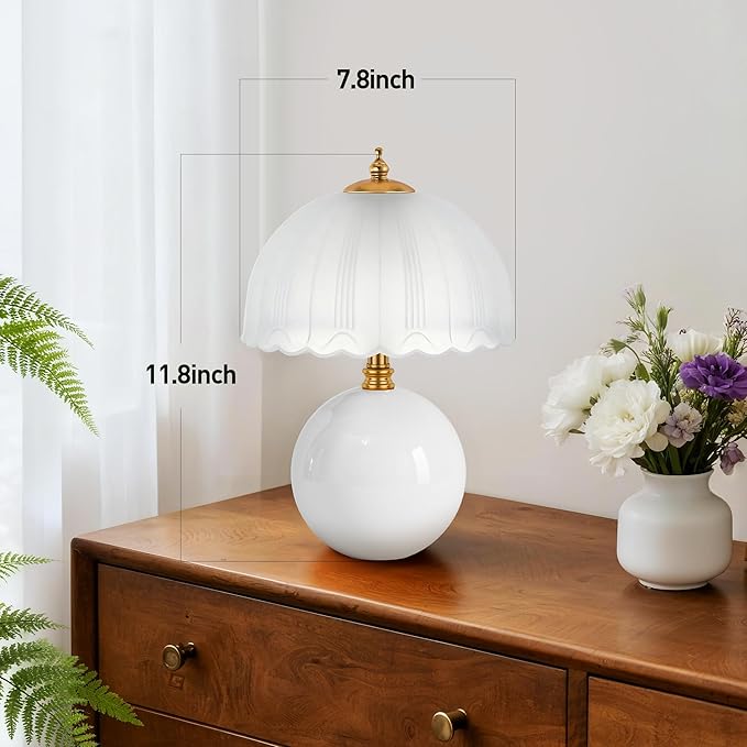 PARTPHONER Mushroom Table Lamp, Ceramic Bedside Lamp with Glass Shade, 3-Way Lighting (2700K-5000K) Rocker Switch, Small Nightstand Lamp for Bedroom, Living Room, Office, White