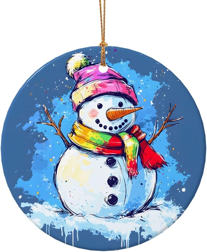 Christmas Cartoon Colorful Snowman Christmas Ornaments, Christmas Decorations Xmas Tree Hanging Ornaments, Round Ceramic Festive Keepsake Gift for Xmas Decorations Holiday Home Decor