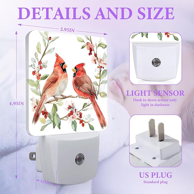 Red Cardinal Bird Night Light,Watercolor Night Lights Plug into Wall,Led Lamp for Stairway/Hallway/Bedroom 0.5W Nightlight Sleep Friendly