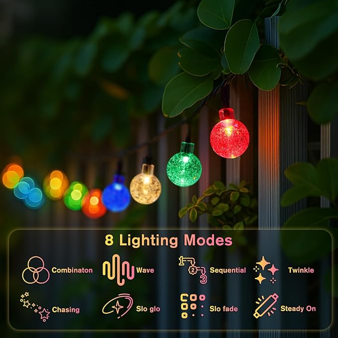 Metaku 2 Pack Solar String Lights for Outside, Total 72FT 120 LED Crystal Globe String Lights, Solar Powered Outdoor Lights with 8 Lighting Modes, Patio Light for Garden, Camping and Party Multicolor