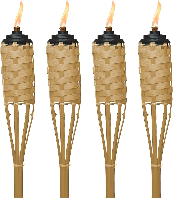 TIKI Bamboo Tiki Torches 4-Pack – Weather-Resistant Outdoor Décor with Easy-Pour Wide-Mouth Canister Refill for Patio, Garden, Backyard, and Parties, 57-Inch Citronella Torches
