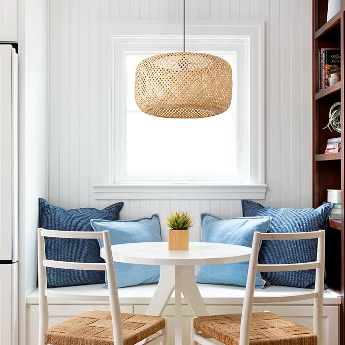 17.72in Bamboo Pendant Light Rattan Wicker Hand Woven Lighting Fixture Boho Coastal Beach Chandelier Hanging Basket Lights for Kitchen Island Dining Room Restaurant Hallway Foyer
