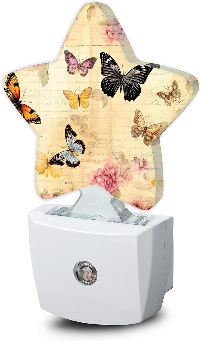 Vintage Butterfly Night Lights Plug Into Wall,Pink Flowers Star Night Light for Kids,Nightlight with Dusk to Dawn Smart Sensor for Bedroom Bathroom Decor,Children Women Men Gift