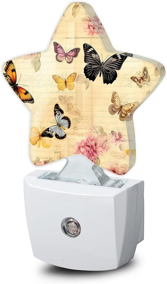 Vintage Butterfly Night Lights Plug Into Wall,Pink Flowers Star Night Light for Kids,Nightlight with Dusk to Dawn Smart Sensor for Bedroom Bathroom Decor,Children Women Men Gift
