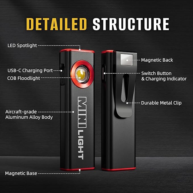 lexall 2 Pack Flashlight, 1600 Lumens Mini Magnetic Flat EDC Flashlight with Clip, 3 Modes Portable Ultra-Light Bright Waterproof Pocket Light for Working, Camping, Repairing, Emergencies