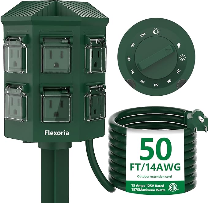 Outdoor Power Strip Timer Waterproof, Dusk to Dawn Light Sensor Countdown, 50 Feet Extension Cord, 6 Grounded Outlets for Christmas Decorations, ETL Listed