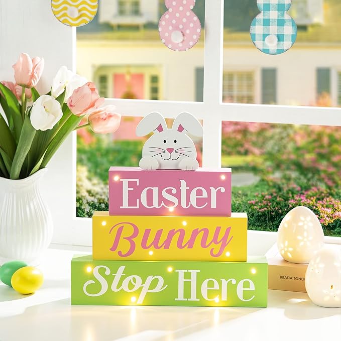 Glitzhome LED Lighted Wooden Easter Block Table Sign Easter Bunny Table Decor with Saying for Spring Easter Party Supplies Props