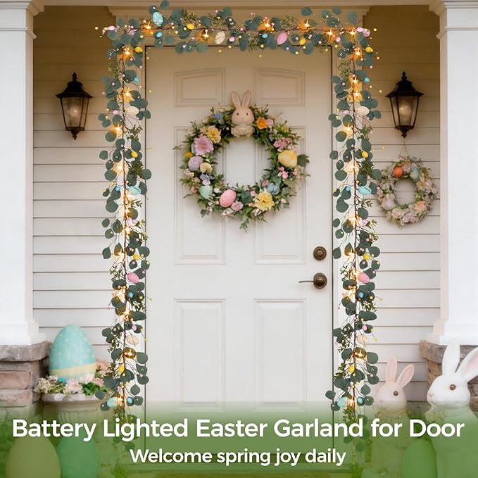 Easter Decorations 6FT Prelit Lighted Easter Garland, Eucalyptus Garland with Easter Eggs, Berries & Buds - 20 LED Lights 8 Modes with Timer, Battery Operated for Mantle Door Table Home Indoor Outdoor