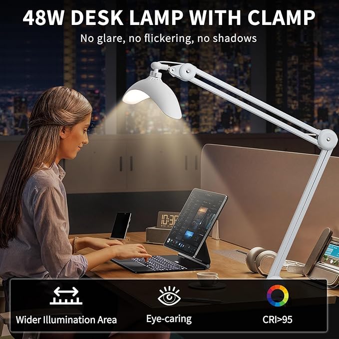 22 inch Architect Desk Lamp with Clamp - 48W CCT Dimmable Office Task Light with Remote, Adjustable Swing Arm Industrial LED Computer Lamp for Home Office, Study, Reading & Nail Art