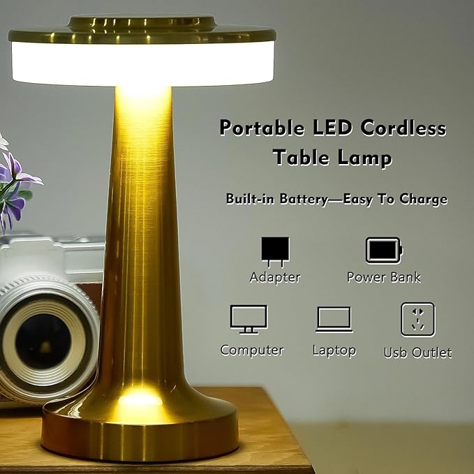 Riakrum 2 Pcs LED Portable Cordless Table Lamp with Touch Sensor 3 Color Stepless Dimming Rechargeable Battery up to 15 Hours Cordless Table Light Wireless Lamp for Nursery (Gold)