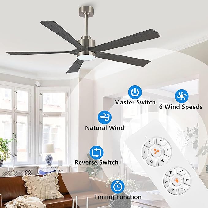 ELEHINSER 52" Modern Ceiling Fan with Lights and Remote Control, 5 Solid Wood Blades 6-Speed Noiseless Reversible DC Motor, Ceiling Fan for Bedroom Dinning Living Room, Nickel Finish with Wood Blades