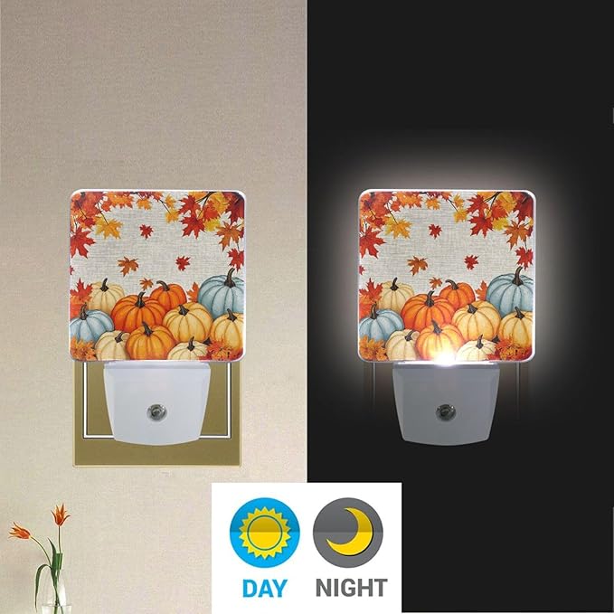 Vdsrup Autumn Pumpkin Night Light Set of 2 Maple Fall Nightlights Plug-in LED Nightlight Auto Dusk-to-Dawn Sensor Lamp for Bedroom Bathroom Kitchen Hallway Stairs