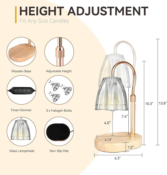 Candle Warmer Lamp with 3 Bulbs, Adjustable Height Dimmable Candle Warmer with Timer, Compatible with Large Jar Candles, Candle Lamp with Charming Gift Box for Her/Him