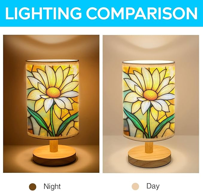Daisy Table Lamp LED 3-Color Pressed Bedside, Daisy Shade Lamp with Wood Base for Bedroom Living Room Desk Office TL01