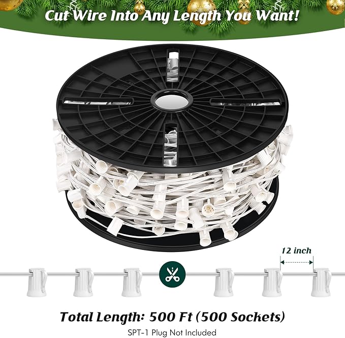 Brightever Commercial 500 FT LED Lights Sockets Outdoor, C9 E17 Light Sockets Set Spool, C9 Sockets Patio String Lights, C9 Light Strands - 12 Spacing Intermediate Base White Wire String Lights