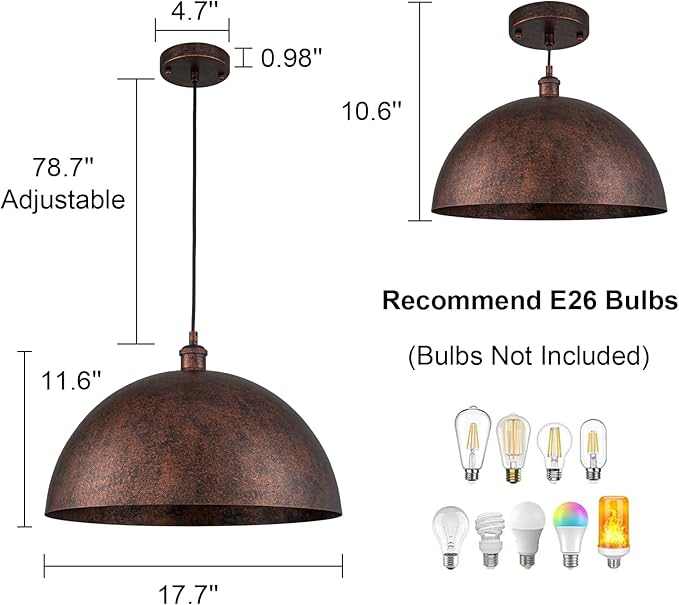 17.7” Industrial Metal Dome Pendant Light, Rust Industrial Pendant Lights for Kitchen Island, Dimmable Hanging Light Fixtures Compatible for Kitchen Island, Dining Room