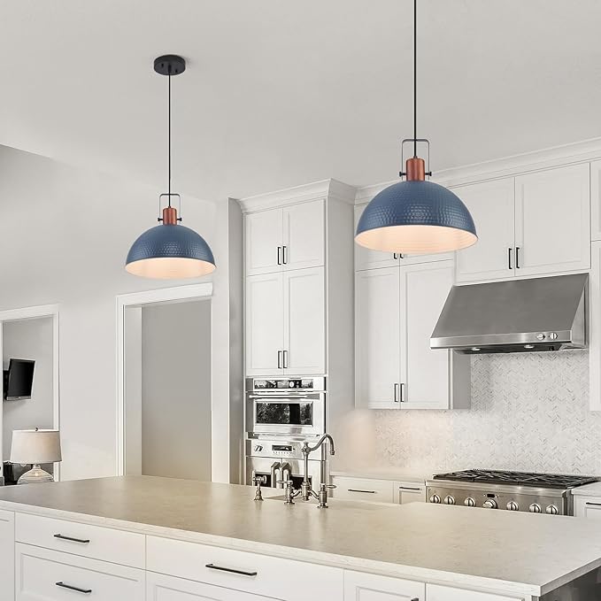 16 Inch Blue Pendant Lights Hammered Matte Pendant Lights for Kitchen Island Industrial Farmhouse Adjustable Height Dome Hanging Light Fixtures for Barn, Dining Room 1 Pack