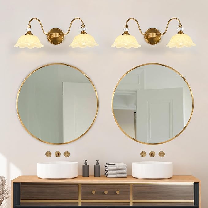 Vintage Bathroom Vanity Light, 2-Light Matte Brass Finish Vanity Light with Floral Yellow Glass Shades, Retro Wall Sconce for Bathroom, Dressing Table