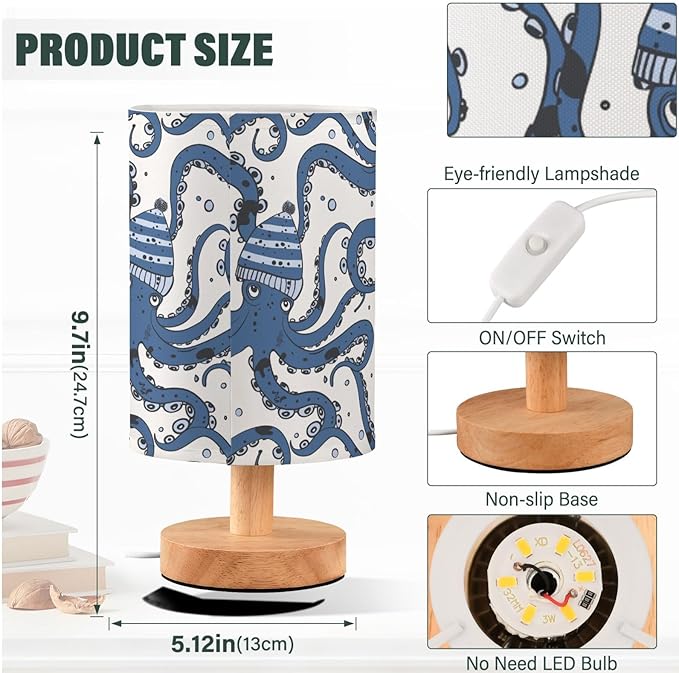 Fustylead Navy Blue Octopus in Hat Table Lamp for Bedroom USB Port Lamps Small Accent Table Lamp Nightstand Lamp Sturdy Linen Shade Wooden Base Decorative Lamps for Bedside Reading|Kids|Dorm|Home