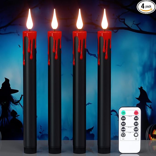 DRomance Black Flameless Taper Candles Flickering with Remote and Timer, Blood Dripping Wax Effect Battery Operated Yellow Light LED Taper Candles Dinner Halloween Spooky Decor(4 Pack, 0.78" x 8.9")