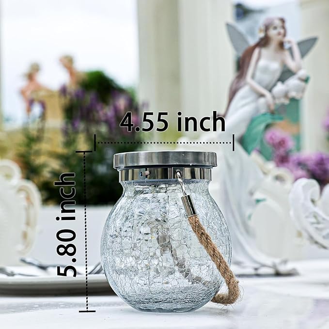 Cooo Christmas Gifts 4 Pack Solar Lanterns Outdoor Waterproof Heavy Crackle Glass 30 LED Warm Firefly Lights Stainless Steel Lid 215% Solar for Women Mom Grandma Outdoor Table Lamps Garden Yard Decor