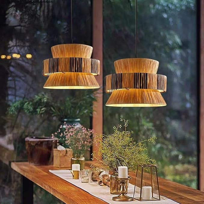 Hallway Pendant Light Fixtures Boho Rattan Chandelier Light 1-Light 15.7“ Wide Large Raffia Ceiling Hanging Light Hand Woven Pendant Lamps for Kitchen Island Dining Room