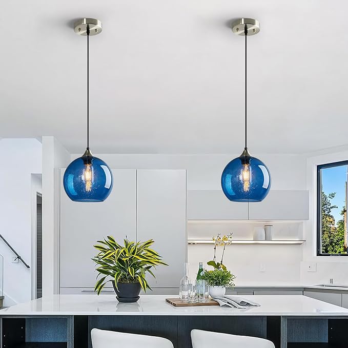 Blue Glass Pendant Lights Kitchen Island Lighting Globe Pendant Light Fixtures Modern Pendant Lighting for Kitchen Island Bedroom Living Dining Room Light Fixture(7.87in, 2-Pack)