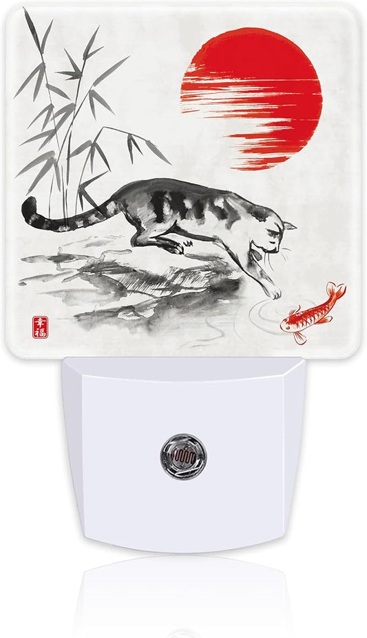 Watercolor Cat and Koi Fish Night Light, Red Sun Bamboo Ink Painting Dusk to Dawn Night Light Plug in,0.5w Energy Saving Sleep Friendly NightLight for Kids Boys Girls Home Decor
