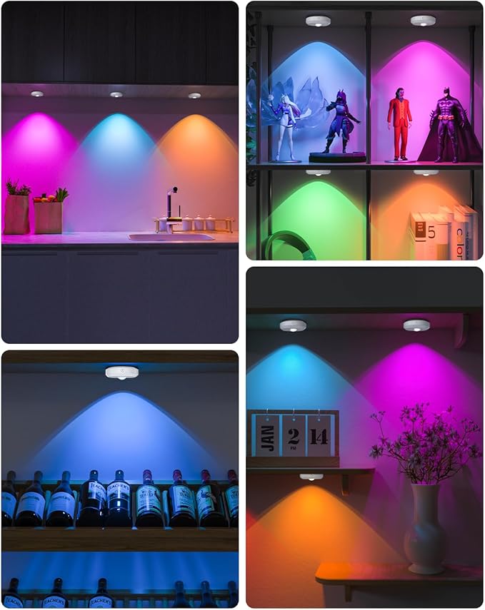 WILLED RGB Rechargeable Puck Lights with Remote Control, Under Cabinet Lighting Wireless, Dimmable Push Lights, Multicolor and Timing Function, LED Puck Lights for Kitchen, Cabinet and Shelf(6 Pack)