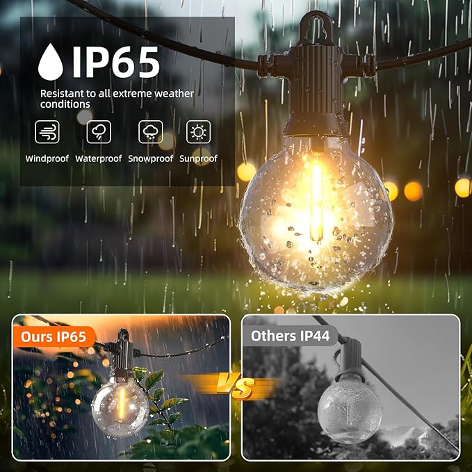 Kawaya Outdoor String Lights 100 FT LED Patio Light with 50+2 Shatterproof Edison Globe Bulbs - IP65 Waterproof Dimmable Hanging Lights - 2700K Warm White Lighting for Outside Porch Deck Bistro Cafe