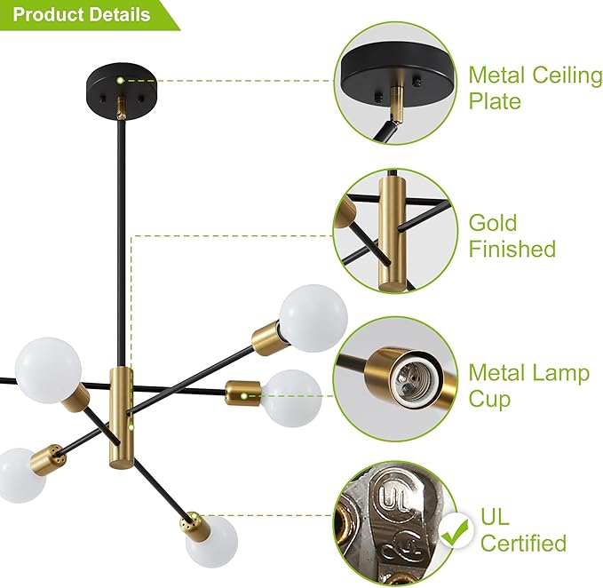 Sputnik Chandelier Mid Century Modern Industrial E26 Pendant Lighting Chandeliers Ceiling Light Fixture Black and Gold Light for Living Room,Kitchen,Bedroom,Dining Room and Farmhouse