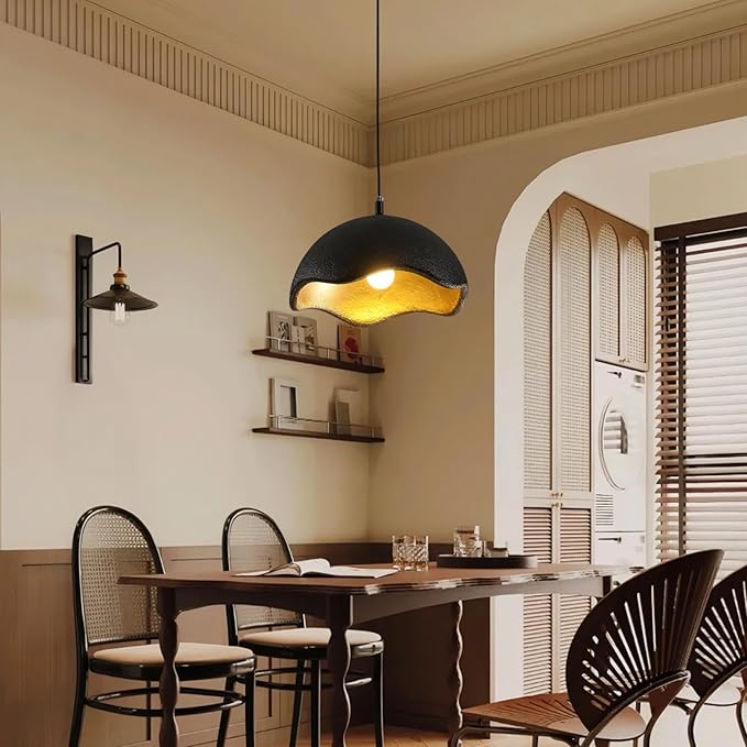 JAYMP 15.7" Modern Pendant Light for Dining Room Kitchen Island Hanging Lamp E26 Base Japanese Wabi-Sabi Style Bird Nest Shape Lighting Fixture, 1 Pack (Black + Gold,D Shape, 40cm/15.7inch)