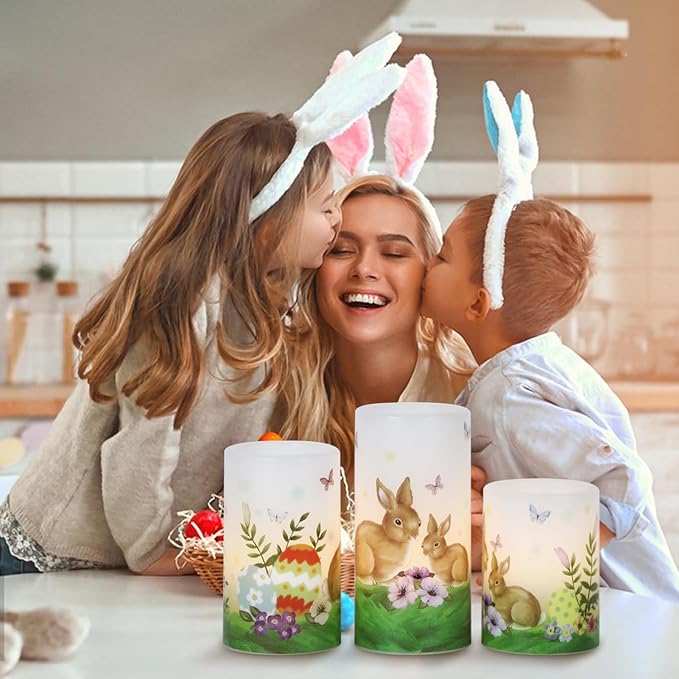 Eldnacele Easter Bunny Flameless Flickering Candles with 6H Timer Battery Operated Real Wax Candles Easter Eggs Lilies Rabbits Home Decor 4”5”6”H (3”D)