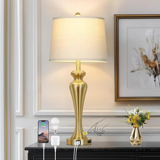 30 Inch Gold Single Table Lamp, 3-Way Dimmable Touch Control Bedside Lamps with USB A+C Ports and AC Outlet, Metal Brass Bedroom Lamps for Night stand, Modern Tall Lamp for Living room end table