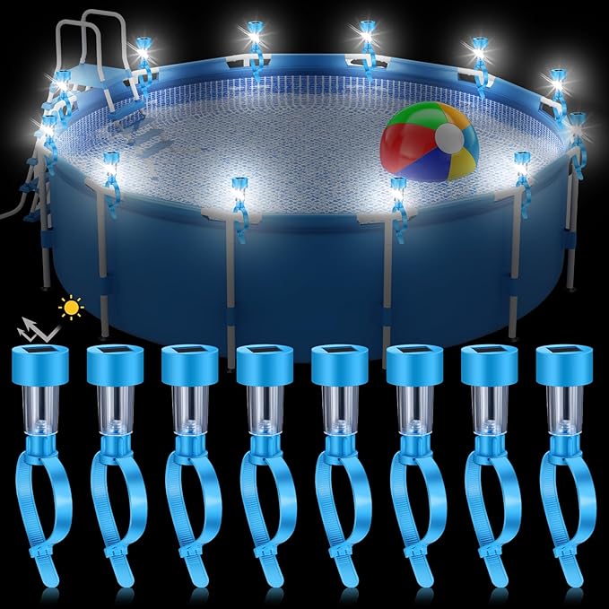 12 Pcs Pool Waterproof Solar Lights for Above Ground Pools Solar Pool Side LED Lights Frame Pool Decoration at Night for Swimming Pool Trampoline Outdoor Decor(Warm White Lights)