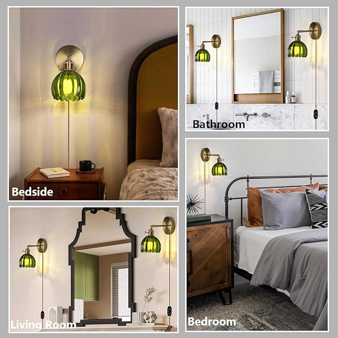 HuisMier Plug in Wall Sconces, Vintage Green Tulip Glass Lampshade Wall Light with On/Off Switch, Modern 180 Degree Adjustable Brass Wall Sconces for Bathroom Bedroom Living Room Hallway, Plug in