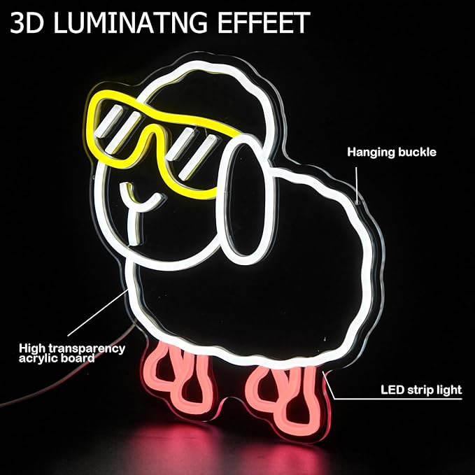 Sheep Neon Sign for Wall Decor, Cute Cartoon Animal LED Light Up Sign, Dimmable Neon Wall Light for Kids Room, Bedroom, Living Room, Birthday & Kids Gifts