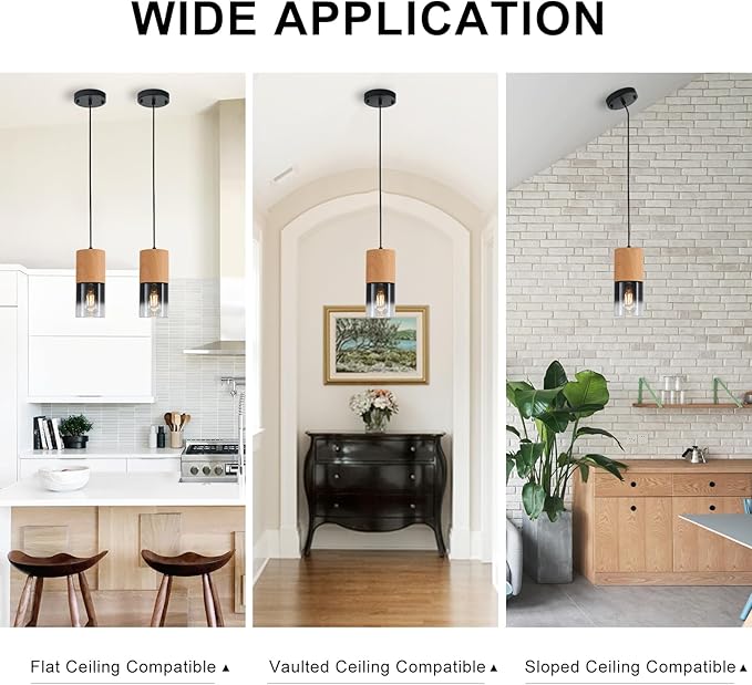 3-Pack Modern Pendant Lights for Kitchen Island, Adjustable Black Pendant Light Fixtures with Raw Wood Grain, Industrial Glass Pendant Lights for Dining Table Hallway Bedroom Living Room
