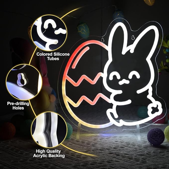 Easter Neon Lights, Bunny and Egg lights, Multicolor Lights with Dynamic Effect Neon Sign, Remote Control Sign USB Powered, Home Decorations Indoor for Party Wall Window Table Easter Decor
