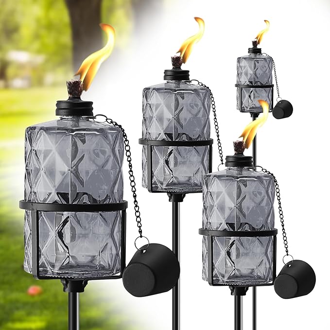 4 Pack Gray Glass Garden Torch 12 oz Outdoor Torch Garden Décor,60-Inch Upgraded Citronella Torches with 3-Prong Grounded Stake for Party Patio Pathway