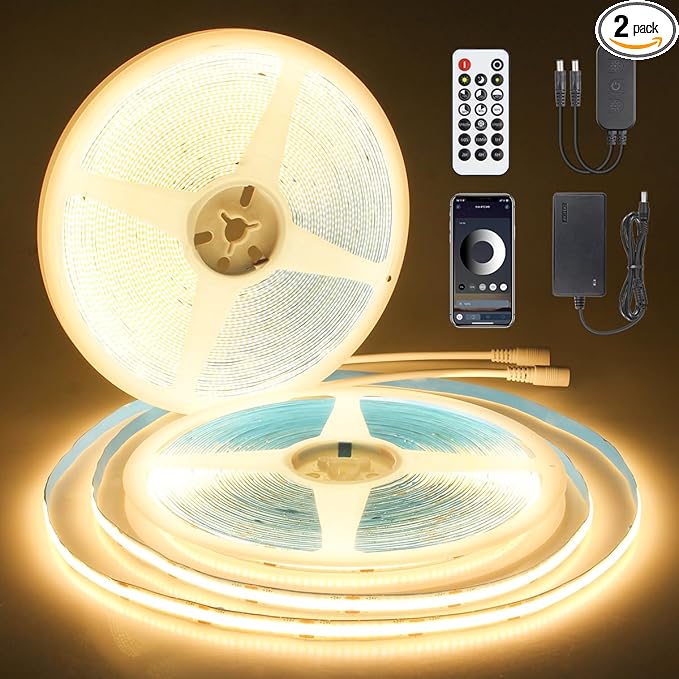 Aclorol COB LED Strip Lights 100FT 3000K 24V Dimmable Warm White LED Light Strip with Remote and App Control Flexible Tape Light for Bedroom Shelf Cabine Closets Garages Kitchen (2Rolls of 50FT)