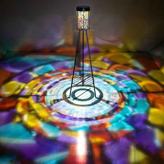 Outdoor Lamps for Patio, Outdoor Floor Lamp with Plant Stand, Solar Powered RGB Lights, Waterproof Standing Lamp for Garden Yard Décor, Stained Glass Decorative Floor Lamp, Gift for Women Mom