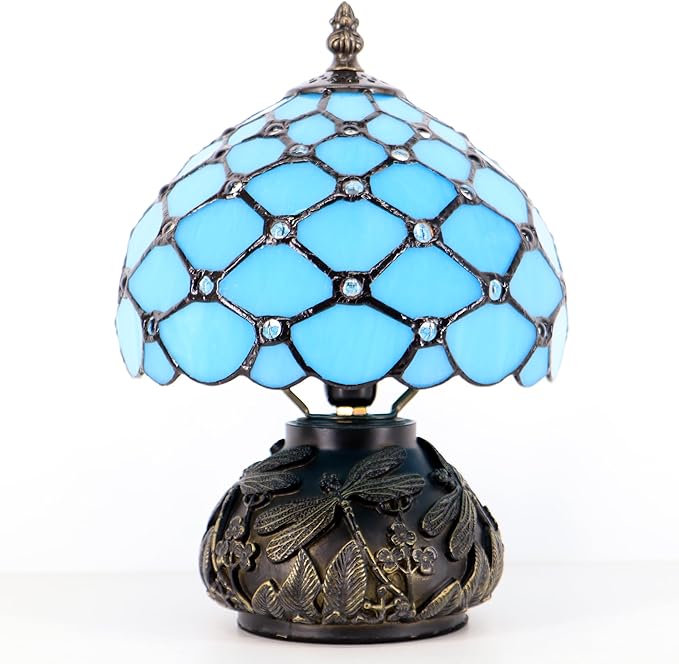 Small Tiffany Mushroom Table Lamp,Mini Memory Sympathy Antique lamp 8X11 Inch (Sea Blue Beads)