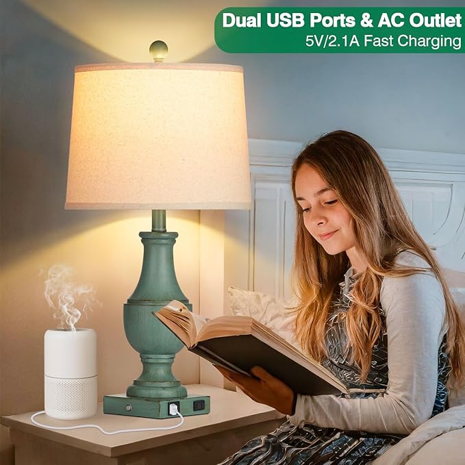 Farmhouse Table Lamps for Living Room, Rustic Touch Control Bedside Lamps with USB A+C Charging Ports & AC Outlet, Vintage 3-Way Dimmable Traditional Classic Nightstand Lamp for Bedroom Office Green
