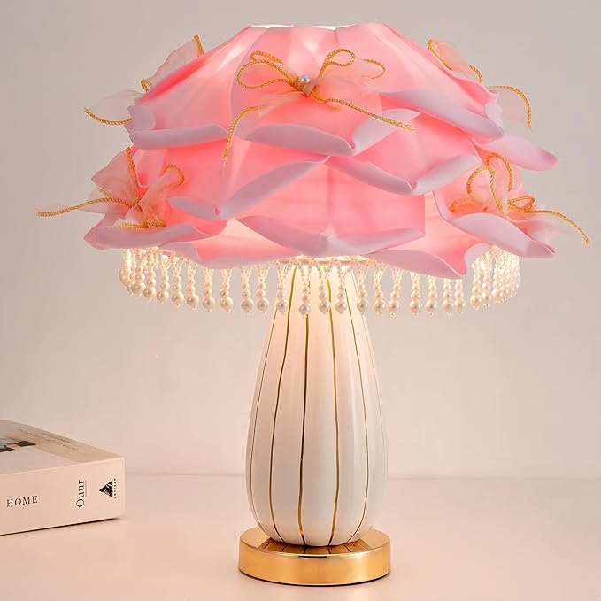 Pink Girls Table Lamp Romantic Bouquet Bedside Lamp Cute Nightstand Light Nordic Table Lamp for Bedroom Living Room Entry Office Study Room Kid Room Valentines Dating Wedding Decor