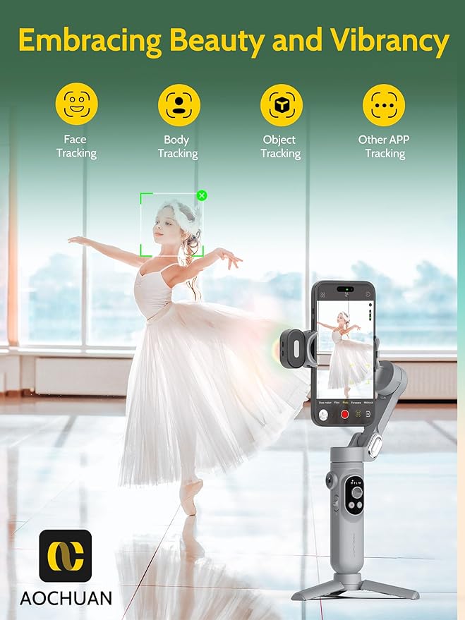 AOCHUAN 3-axis Gimbal Stabilizer for Smartphone w/ 1/4 Thread Foldable Phone Stabilizer for Recording, Built-in Fill Light, Smartphone Gimbal w/RGB Light for iPhone 15/14 Vlogging(Smart X Kit Grey)